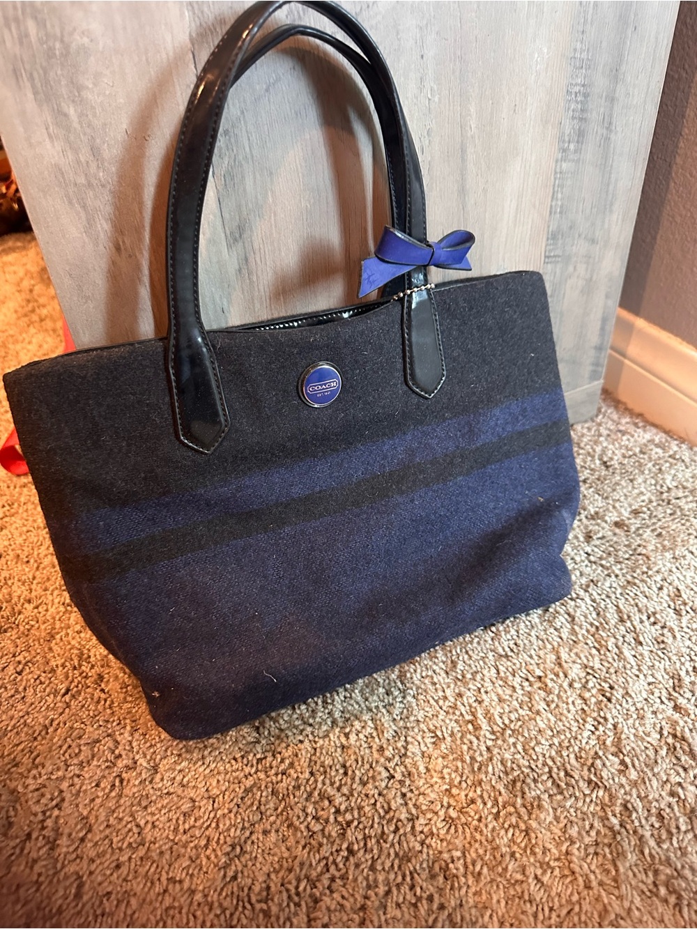 Coach Navy and Black Striped Tote with Leather Handles and Bow Accent